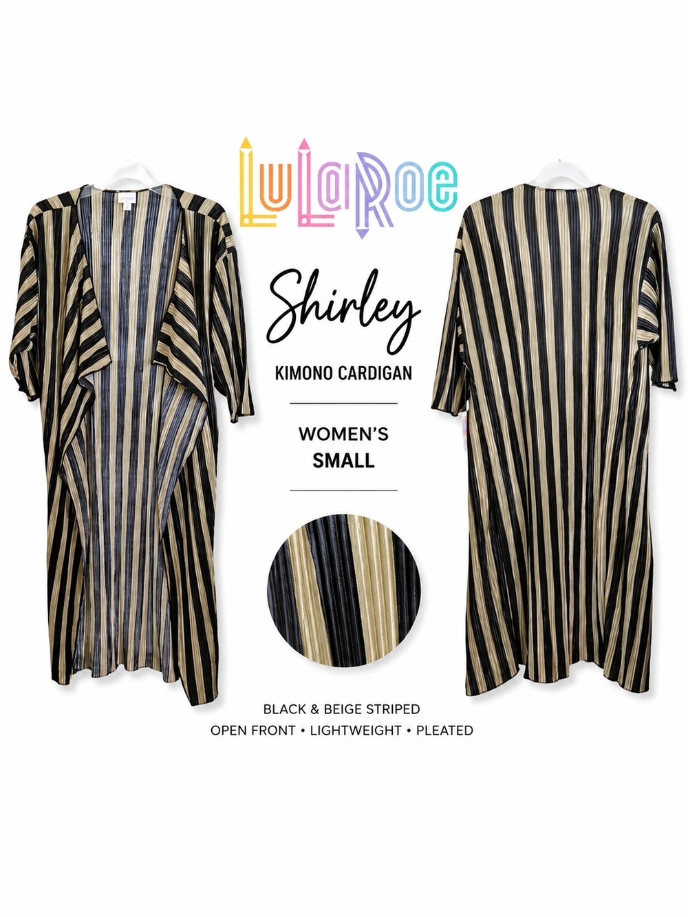 LuLaRoe Shirley Kimono Cardigan Black Beige Striped Pleated NWT